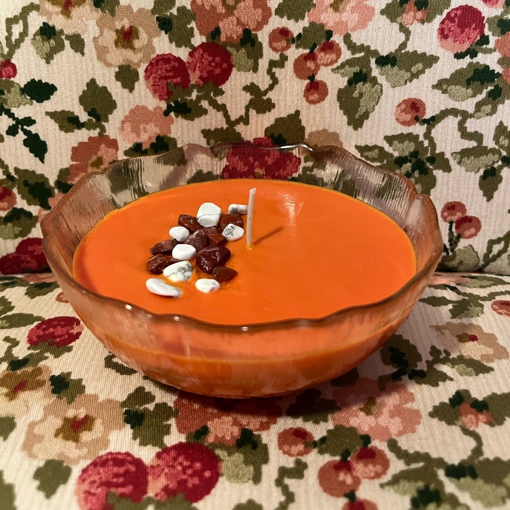 Vintage Glass Dish With Pumpkin Candle And Crystal Chips